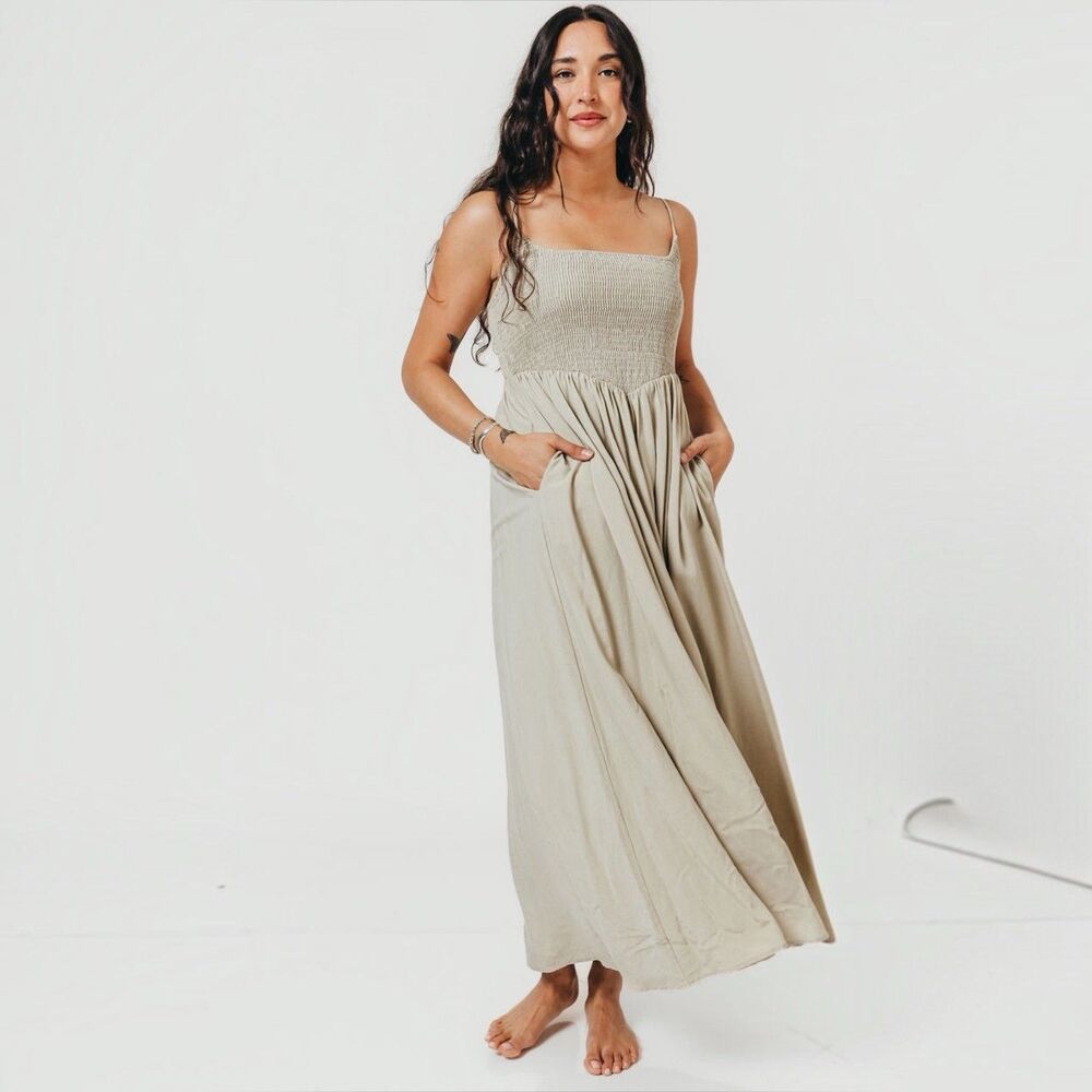 New Worth Collective Linen Josefina Smock Maxi Dress Bump Friendly Women M $110